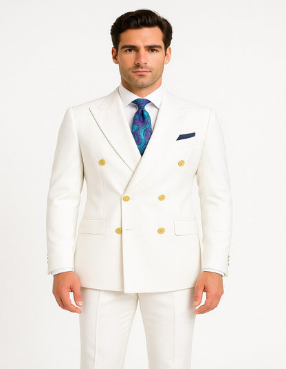 Mens White Double-Breasted Suit with Gold Buttons  Formal Slim Fit 2-Piece Set