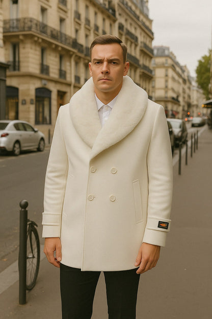 Mens White Peacoat Double-Breasted Overcoat with Faux Fur Shawl Collar  Alberto Nardoni Collection Wool Fabric