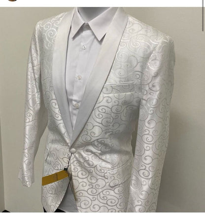 Men's White Swirl Pattern Tuxedo Jacket with White Satin Shawl Lapel