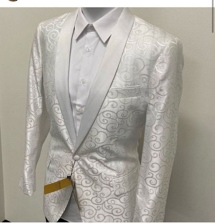 Men's White Swirl Pattern Tuxedo Jacket with White Satin Shawl Lapel