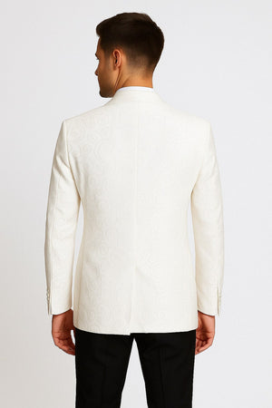 Men's White Swirl Pattern Tuxedo Jacket with White Satin Shawl Lapel
