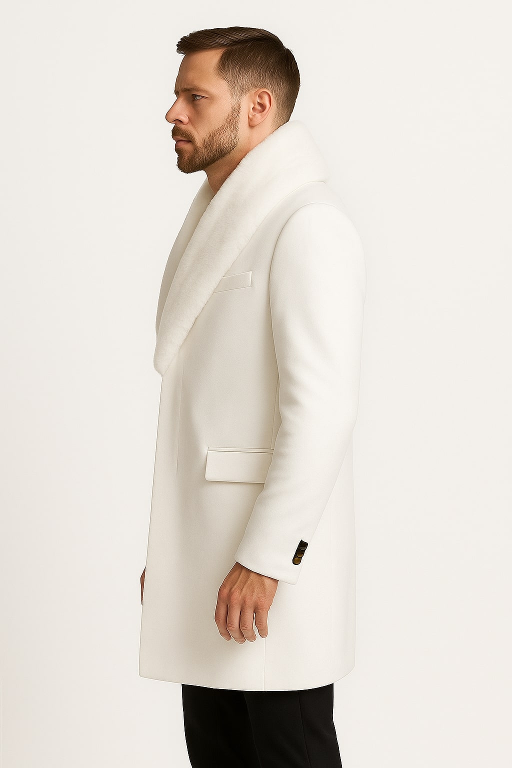 Mens White Wool Overcoat with Plush Faux Fur Shawl Collar  Alberto Nardoni Formal Winter Coat