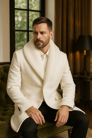 Mens White Wool Overcoat with Plush Faux Fur Shawl Collar  Alberto Nardoni Formal Winter Coat