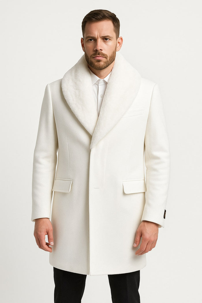 Mens White Wool Overcoat with Plush Faux Fur Shawl Collar  Alberto Nardoni Formal Winter Coat