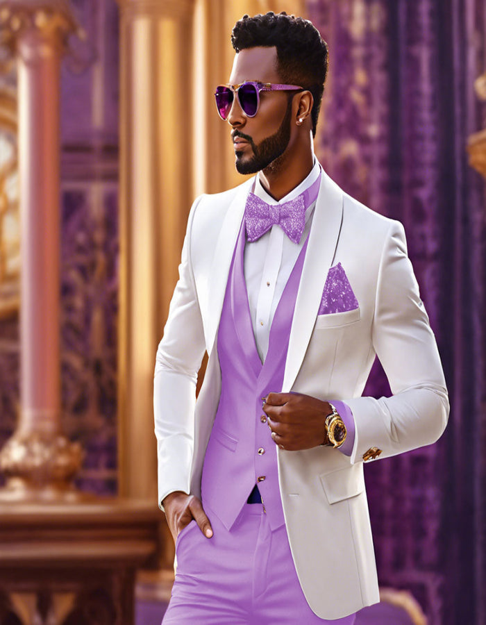 Men’s White and Lavender Tuxedo Wedding Suit with Dinner Jacket, Vest, Pants and Bow Tie