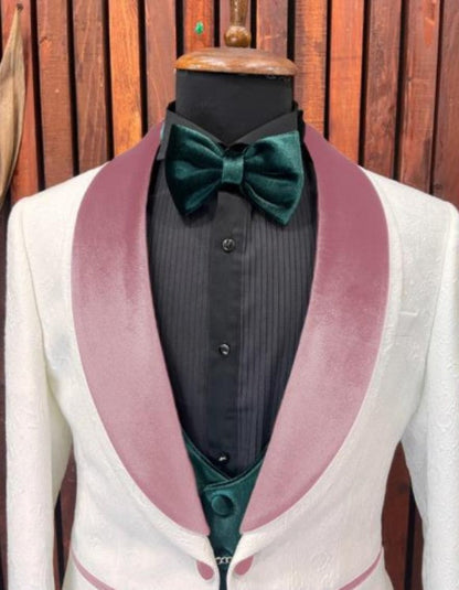 White and Rose Gold Tuxedo Suit - Wedding Groom Vested Suit