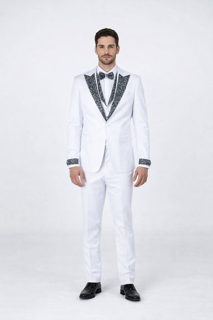 White Tuxedo with Crystal Stones  Peak Lapel 4-Piece Suit