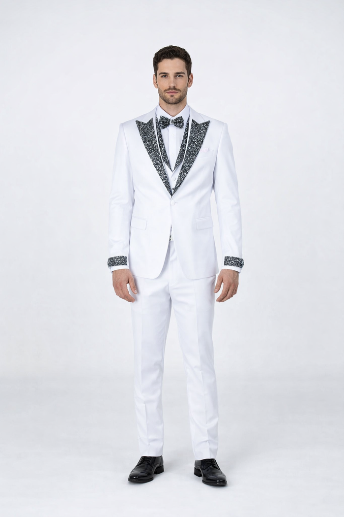 White Tuxedo with Crystal Stones  Peak Lapel 4-Piece Suit
