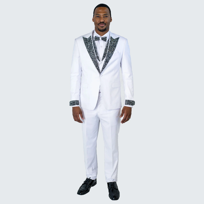 White Tuxedo with Crystal Stones  Peak Lapel 4-Piece Suit