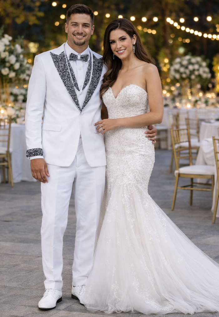 White Tuxedo with Crystal Stones  Peak Lapel 4-Piece Suit