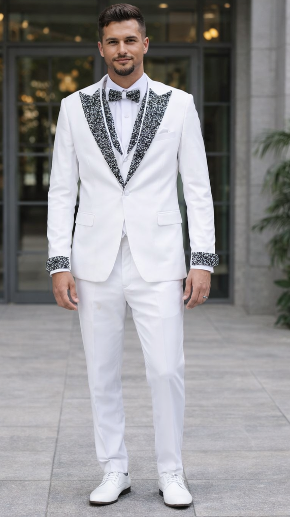 White Tuxedo with Crystal Stones  Peak Lapel 4-Piece Suit