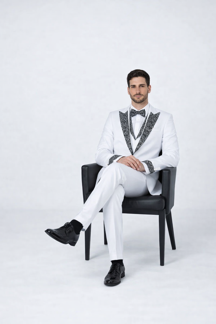 White Tuxedo with Crystal Stones  Peak Lapel 4-Piece Suit