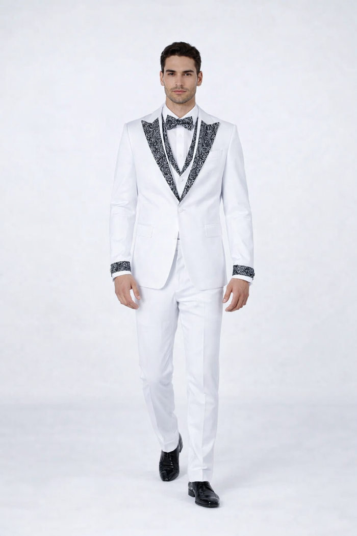 White Tuxedo with Crystal Stones  Peak Lapel 4-Piece Suit