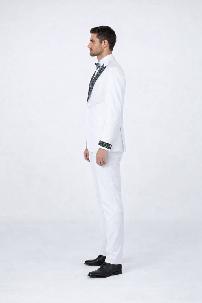 White Tuxedo with Crystal Stones  Peak Lapel 4-Piece Suit