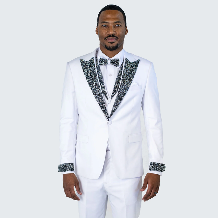White Tuxedo with Crystal Stones  Peak Lapel 4-Piece Suit