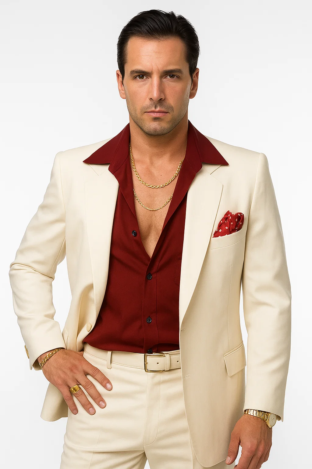 White Suit + Red Shirt
