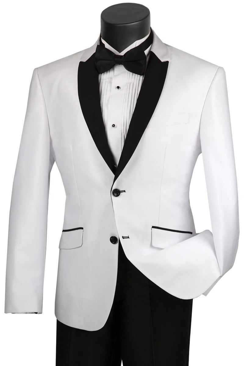 Mens 2 Buttton Slim Contrast Peak Lapel Narrow Tuxedo in White - Men's Tuxedo USA