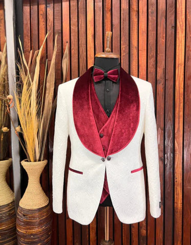 Maroon Tuxedo  - Mens Burgundy Tuxedo Jacket + Vest + Pants - Wedding Tuxedo