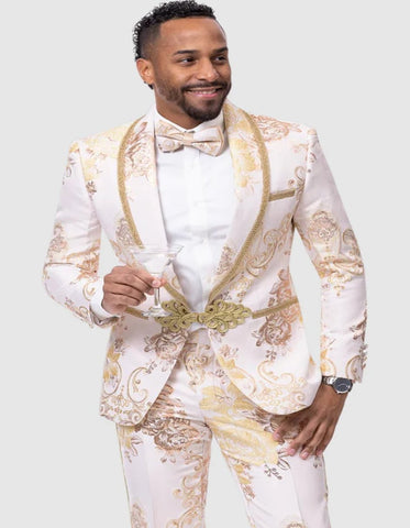 Mens White & Gold Paisley Prom & Wedding Trim Tuxedo