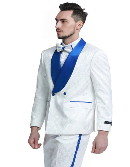 Blue Wedding Tuxedo - Men's Slim Fit Double Breasted Paisley Smoking White and Royal Blue Jacket