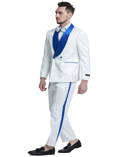 Blue Wedding Tuxedo - Men's Slim Fit Double Breasted Paisley Smoking White and Royal Blue Jacket