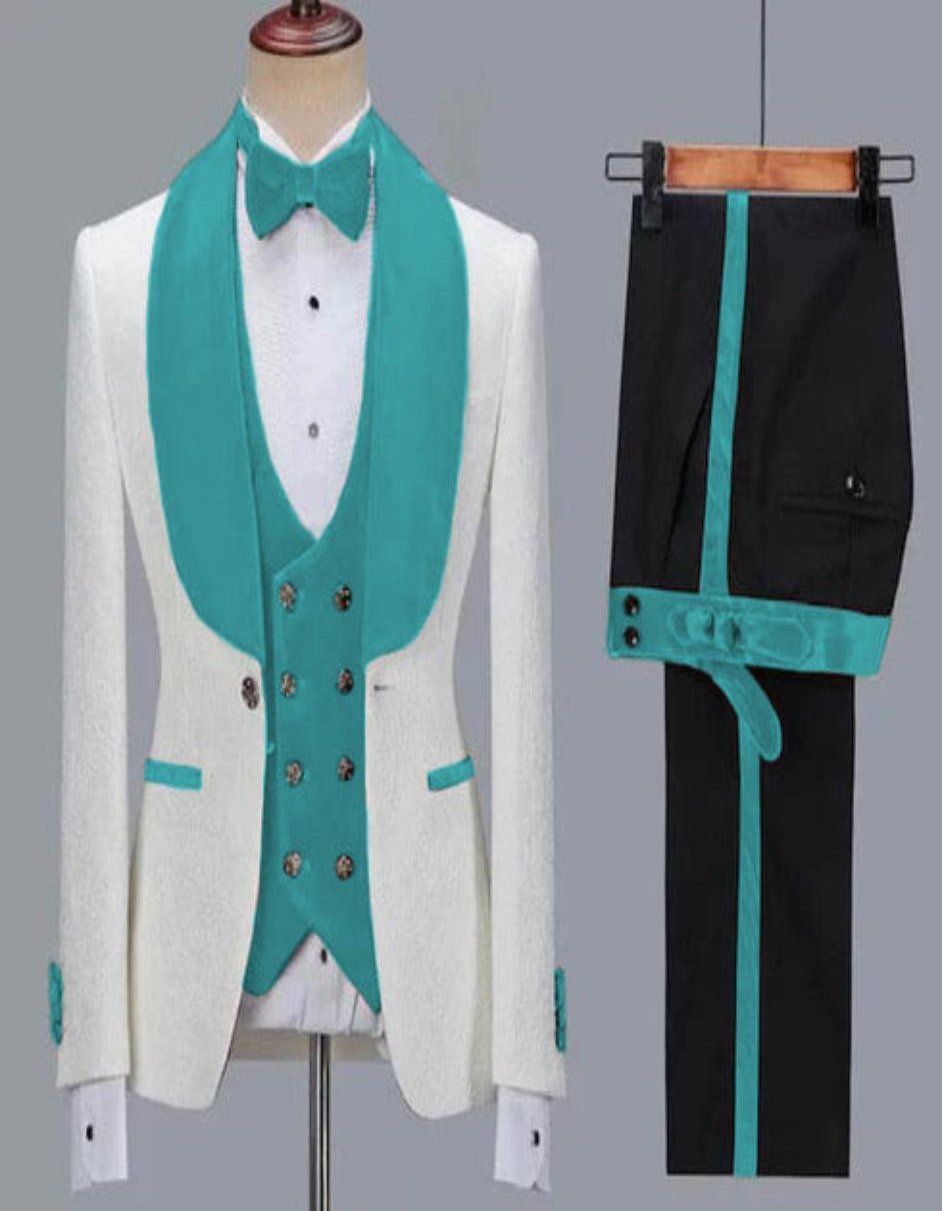 White and Teal Green Lapel Tuxedo - Wedding Suit - Men's Tuxedo USA