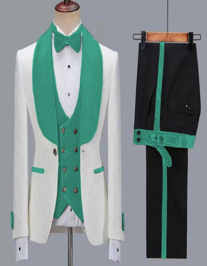White and Teal Green Lapel Tuxedo - Single Breasted Wedding Suit - Men's Tuxedo USA