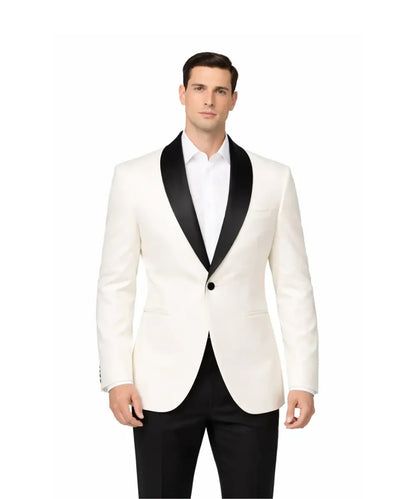 Men’s Ivory White Blazer with Black Shawl Collar – Elegant Contrast Formal Jacket
