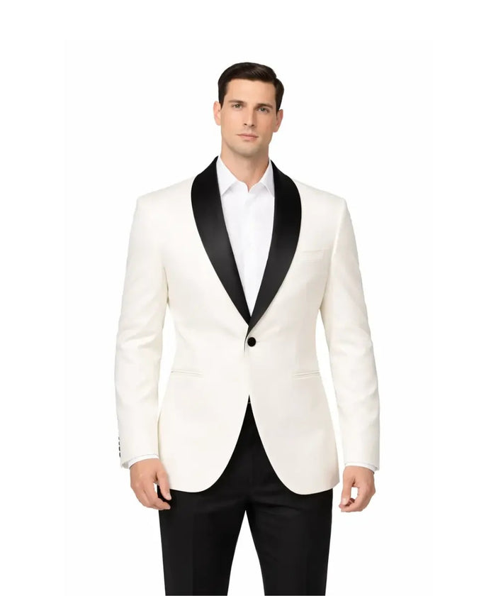 Men’s Ivory White Blazer with Black Shawl Collar – Elegant Contrast Formal Jacket