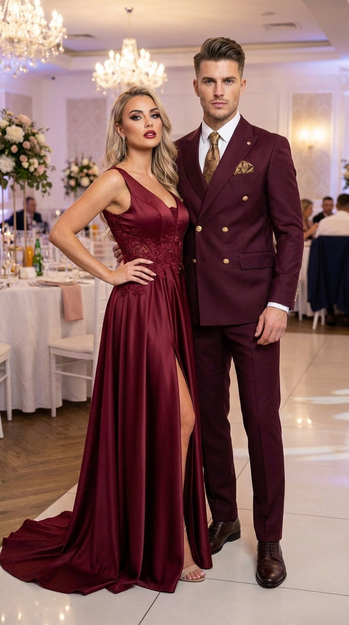 Men’s Burgundy Double Breasted Suit with Gold Buttons, Formal Wedding Prom Dress Suit