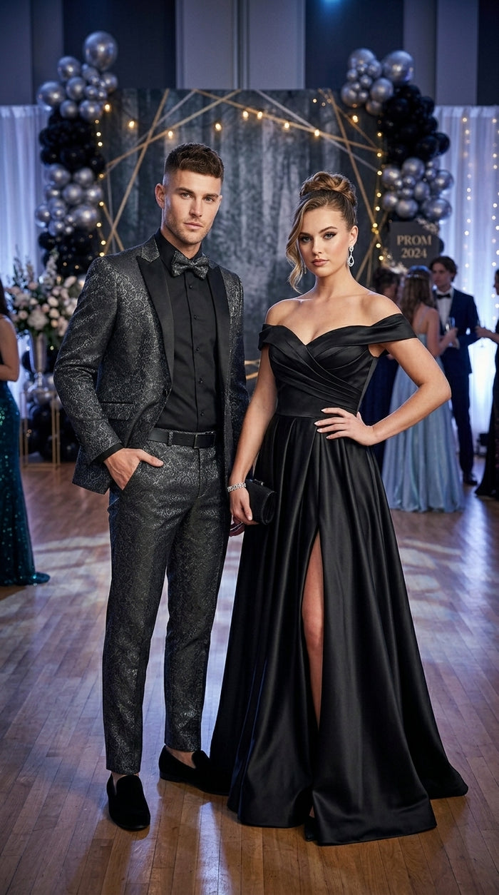 Men’s Black Patterned Tuxedo Suit, Wedding Prom Formal Dinner Suit with Satin Lapel