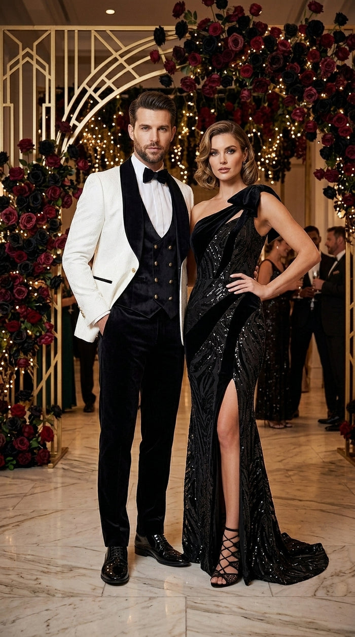 Men’s White Paisley 4 Piece Groom Wedding Suit with Black Velvet Shawl Collar and Matching Bowtie
