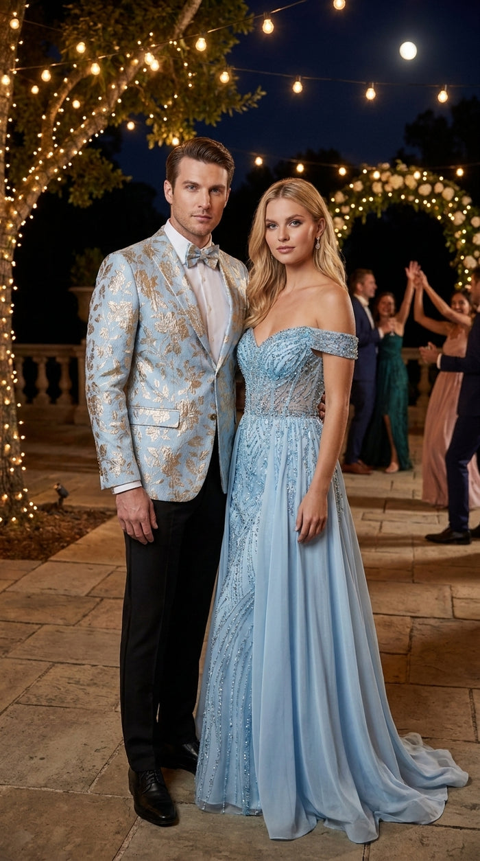 Men’s Sky Blue and Silver Foil Paisley Blazer, 2 Button Prom Wedding Party Dinner Jacket