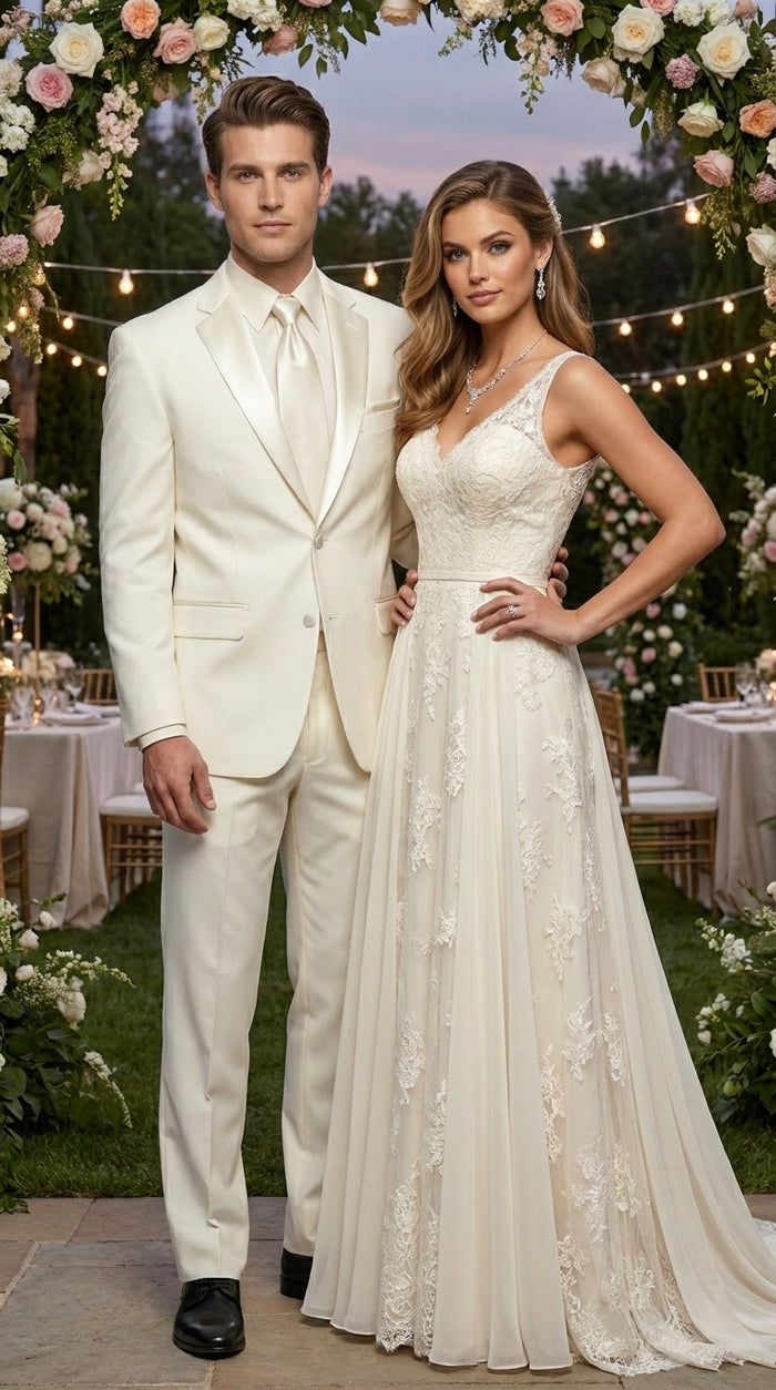 Men’s Ivory Classic Notch Tuxedo with 1 Button Jacket and Matching Pants, Formal Wedding Suit