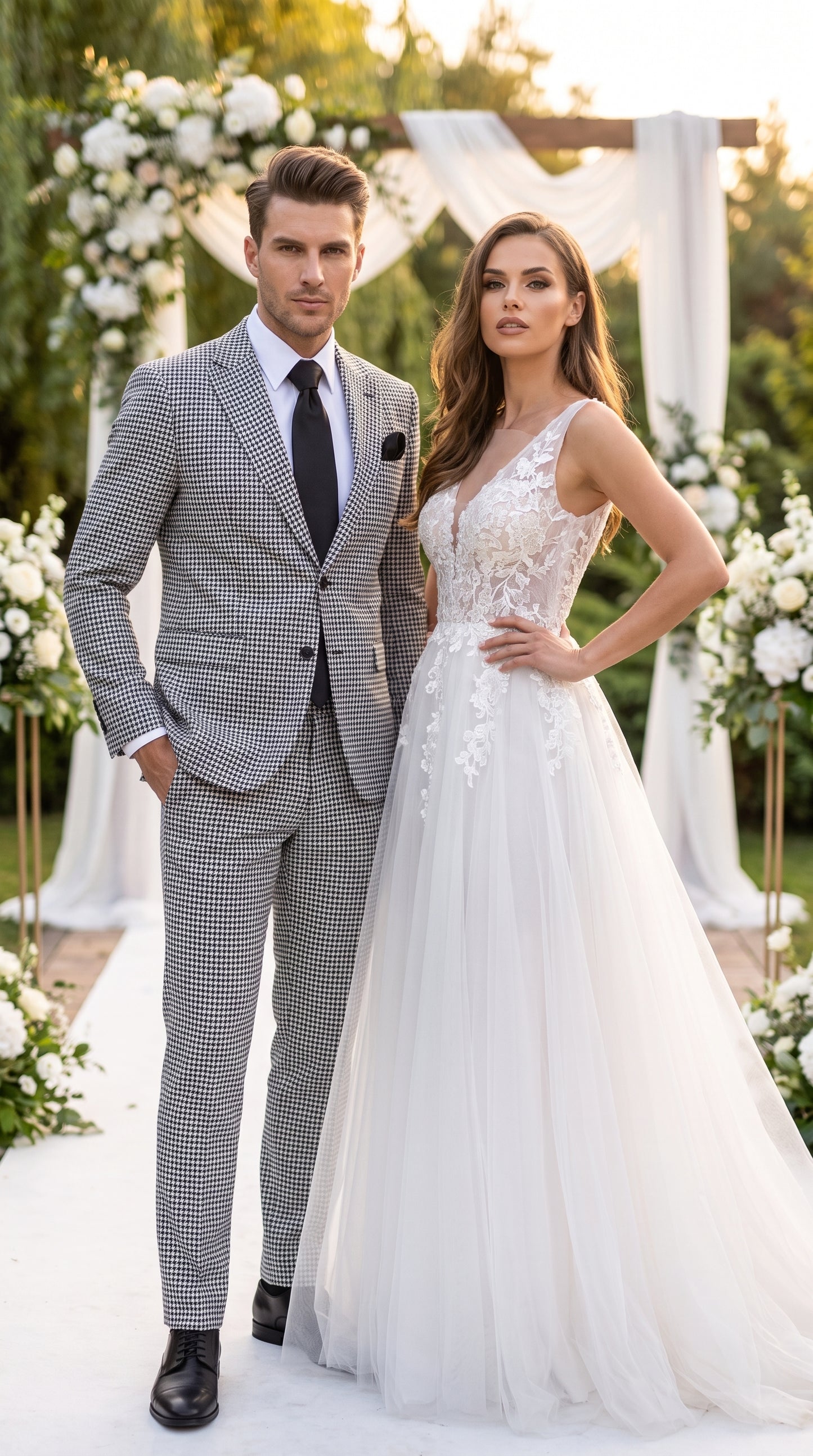 Rossi Man MAX RM1710 Men’s Black and White Houndstooth 3 Piece Suit, Modern Formal Dress Suit