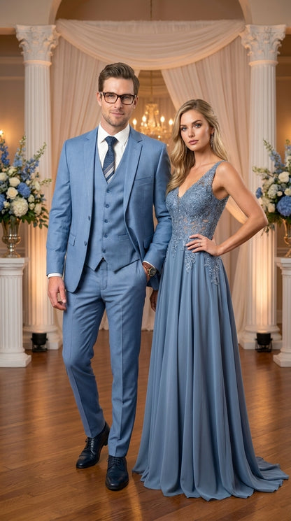 Men’s Steel Blue Sharkskin Textured 3 Piece Suit, Dusty Blue Formal Wedding Dress Suit