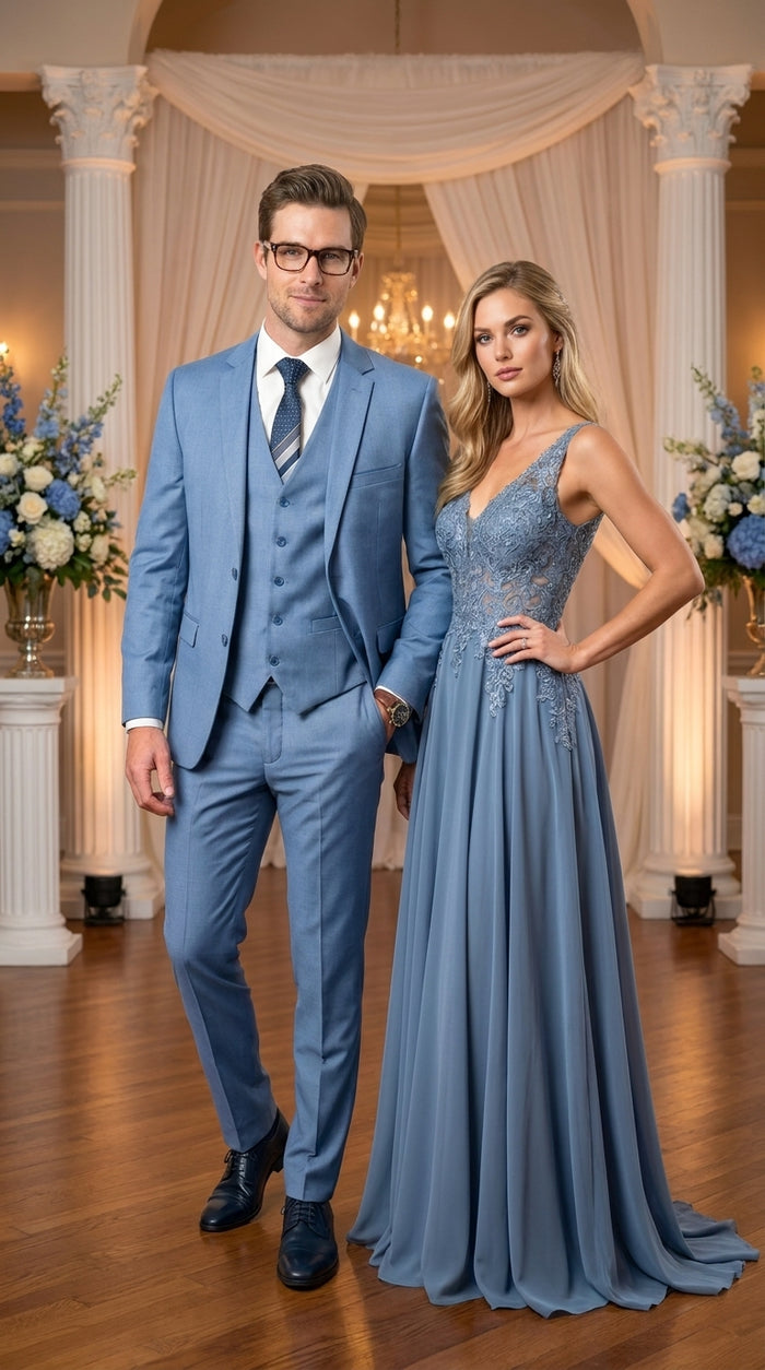 Men’s Steel Blue Sharkskin Textured 3 Piece Suit, Dusty Blue Formal Wedding Dress Suit