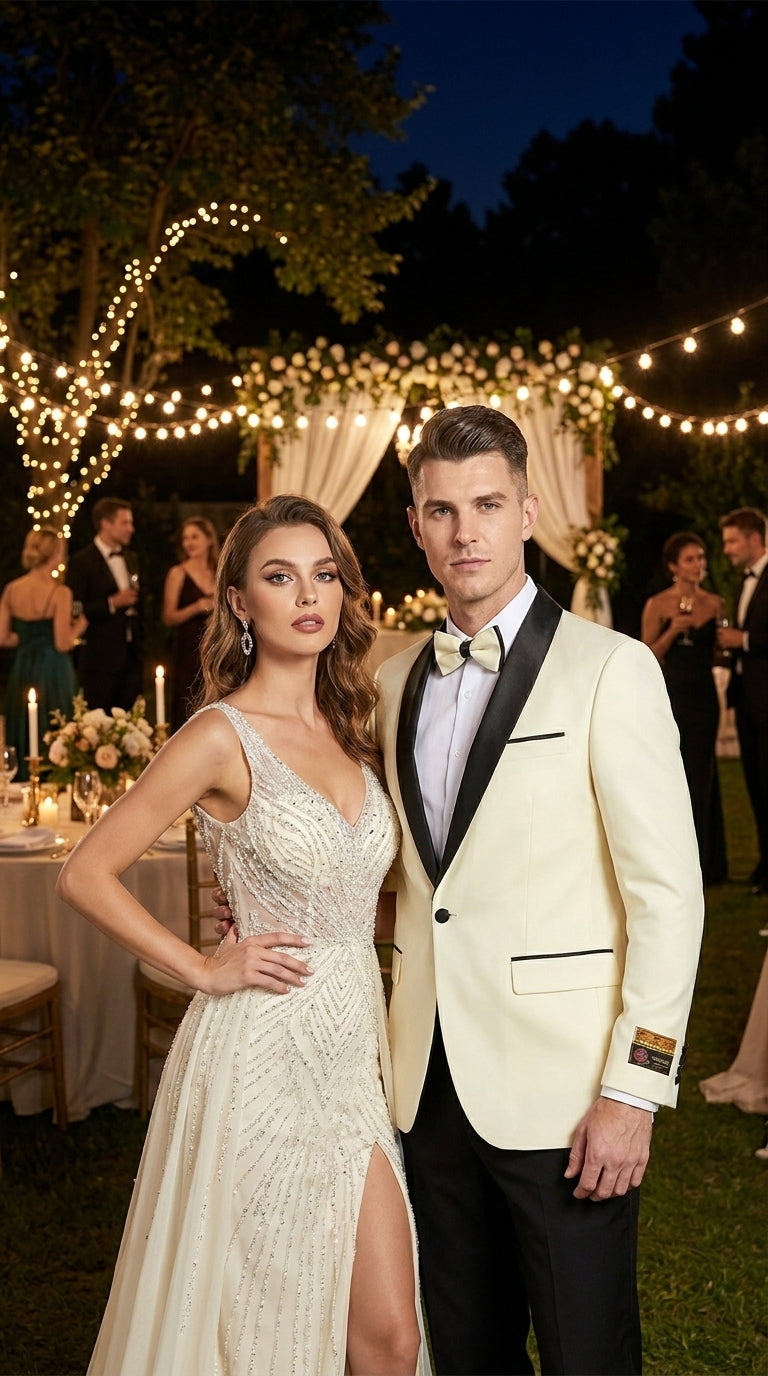 Men’s Ivory Prom Tuxedo Dinner Jacket, Black Shawl Lapel Formal Wedding Blazer