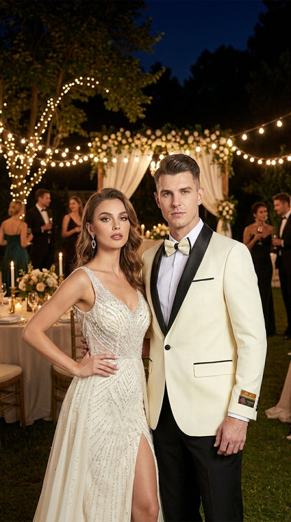 Men’s Ivory Prom Tuxedo Dinner Jacket, Black Shawl Lapel Formal Wedding Blazer