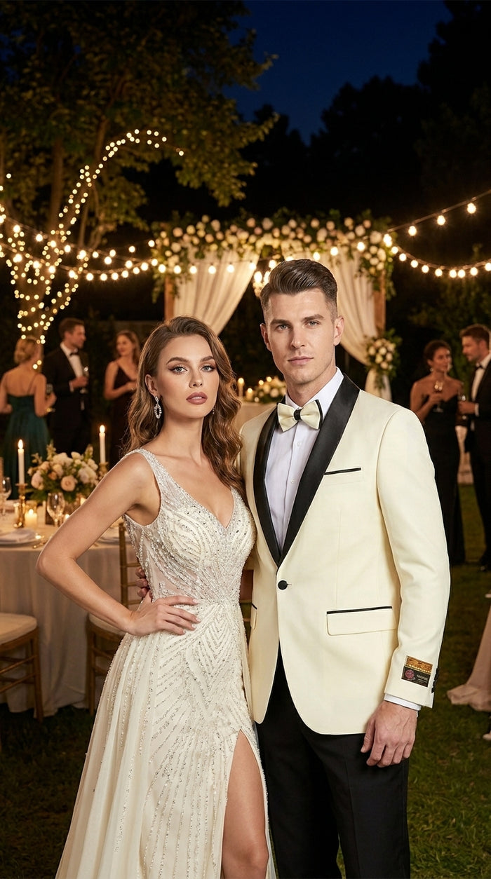 Men’s Ivory Prom Tuxedo Dinner Jacket, Black Shawl Lapel Formal Wedding Blazer