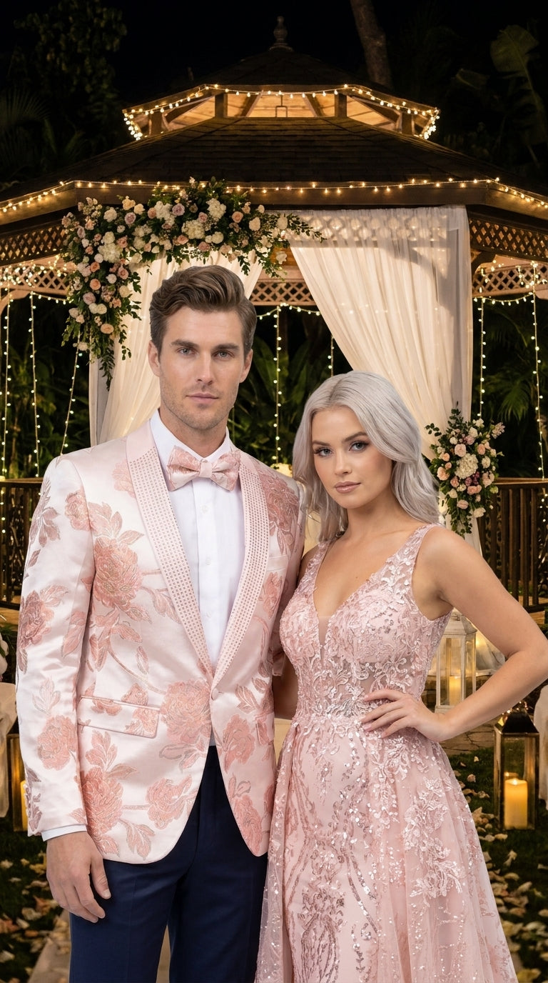 Men’s Pink Satin Paisley Prom Tuxedo Dinner Jacket, Floral Sport Coat Wedding Party Blazer