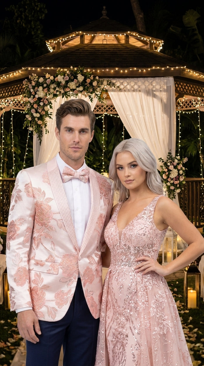 Men’s Pink Satin Paisley Prom Tuxedo Dinner Jacket, Floral Sport Coat Wedding Party Blazer