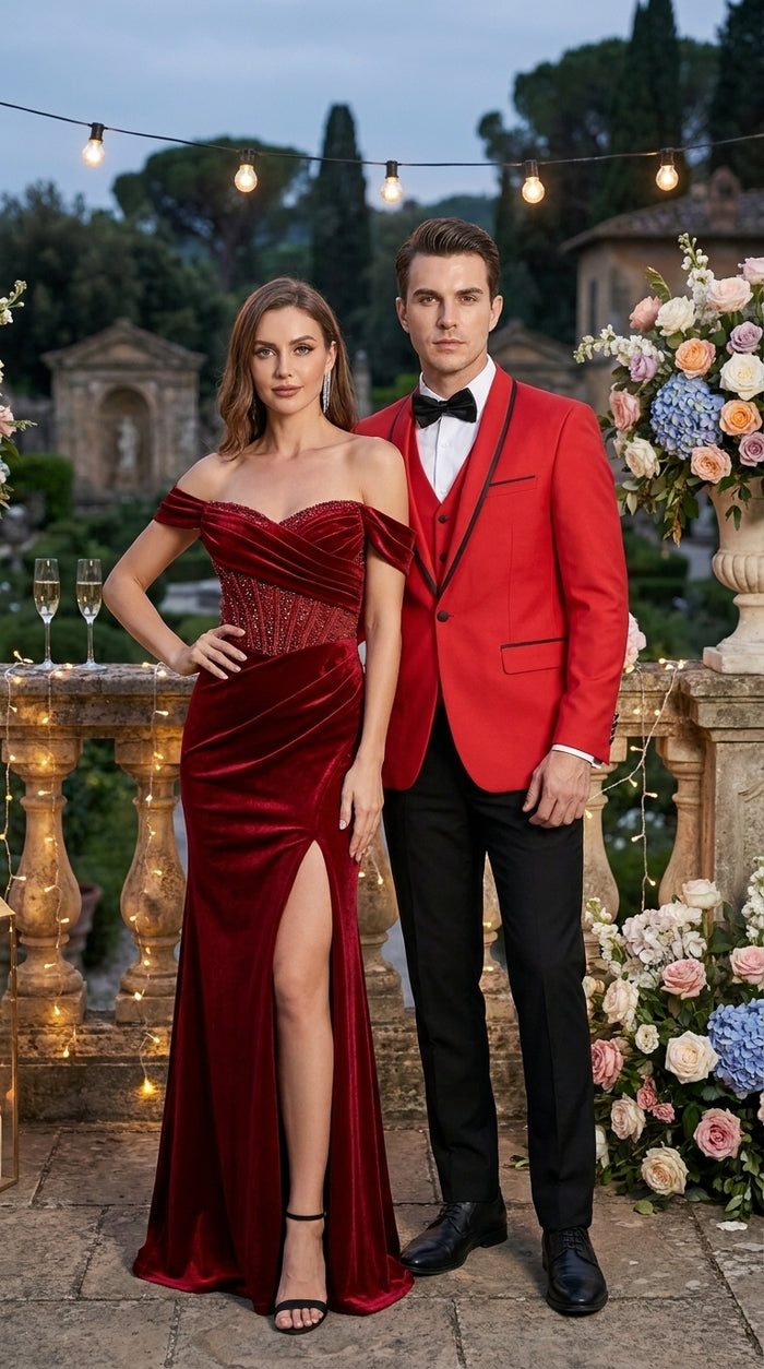 Men’s Red and Black One Button Shawl Tuxedo with Satin Trim, Formal Wedding Prom Dinner Suit