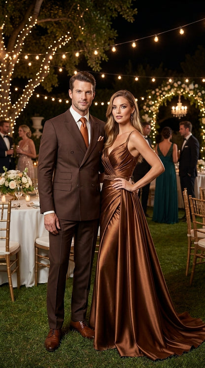 Men's Brown Double-Breasted Poplin Suit – Classic 6 Button Business, Wedding & Formal Suit for Men