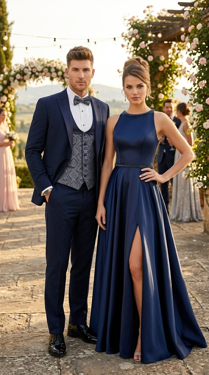 Men’s Indigo Blue One Button Shawl Tuxedo with Paisley Vest, Formal Wedding Prom Dinner Suit Set