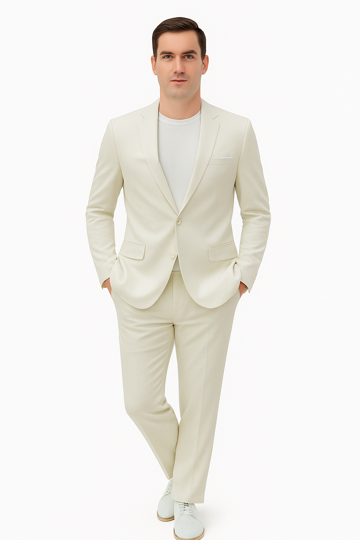 Mens Two Piece Linen Suit Relaxed Hybrid Fit No Collar