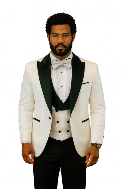Hilton White and Black Paisley Peak Lapel Tuxedo Jacket with Matching Shawl Vest and Wool Pants  Includes Bow Tie