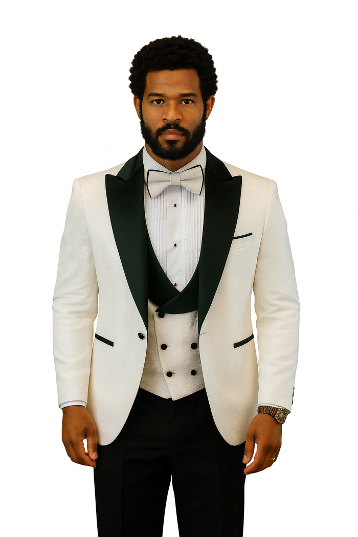 Hilton White and Black Paisley Peak Lapel Tuxedo Jacket with Matching Shawl Vest and Wool Pants  Includes Bow Tie