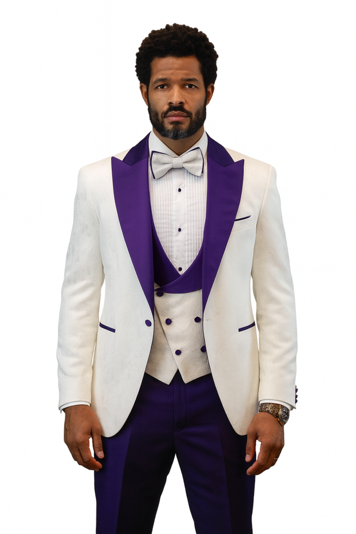 Hilton White and Purple Paisley Peak Lapel Tuxedo Jacket with Matching Shawl Vest and Wool Pants  Includes Bow Tie