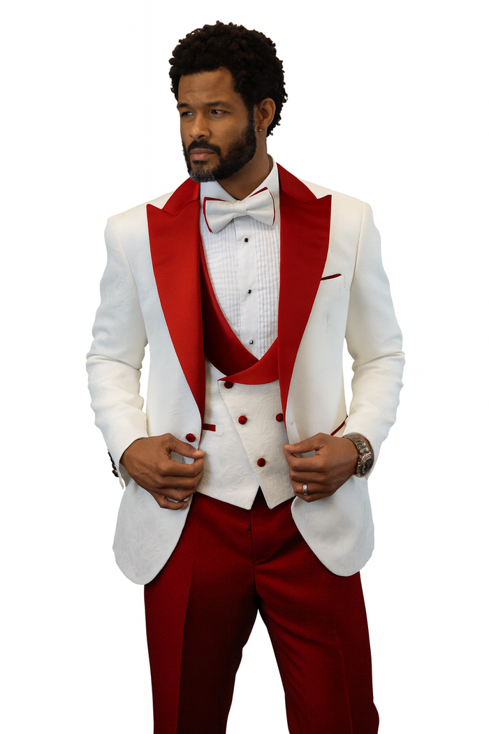 Hilton White and Red Paisley Peak Lapel Tuxedo Jacket with Matching Shawl Vest and Wool Pants  Includes Bow Tie